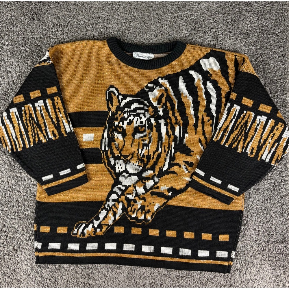 Vintage 90s Precious Knits Tiger Graphic Sweater Womens XL Gold Black Metallic